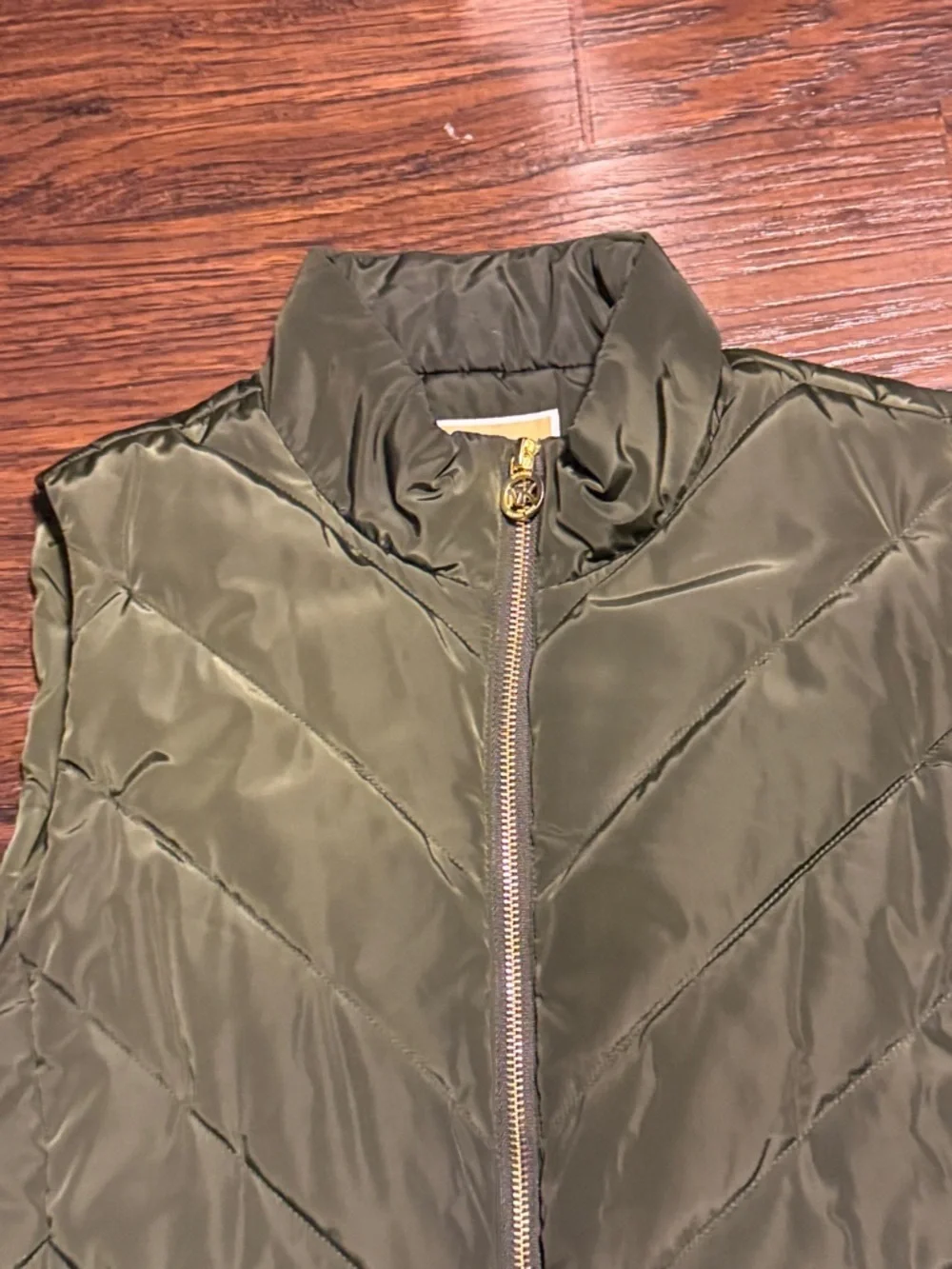 Michael Kors Olive Green Quilted Sleeveless Puffer Vest with Gold Zipper, Sz L